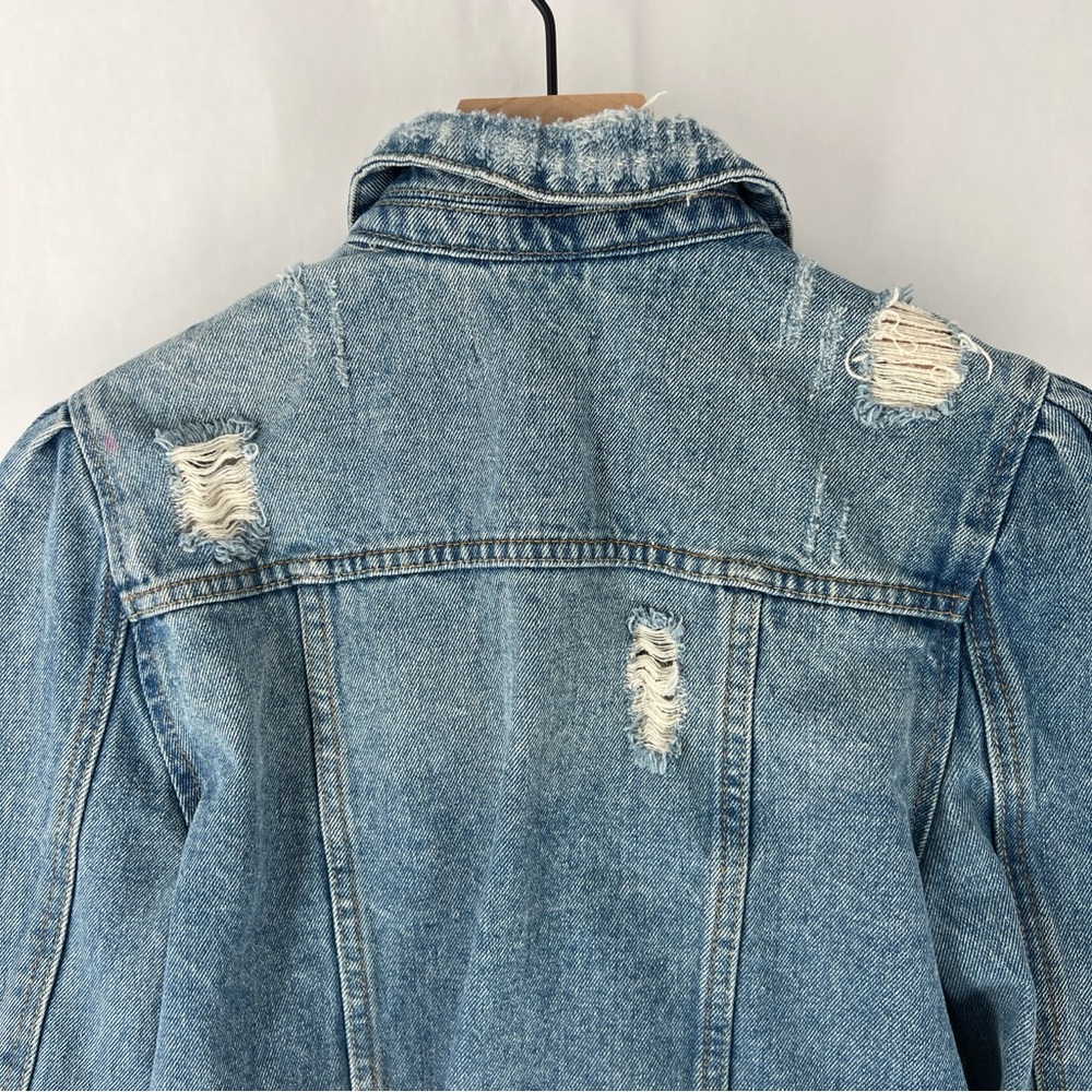 Moon River Light Blue Denim‎ Ripped Distressed Puff Shoulder Jean Jacket Size S - Picture 11 of 16